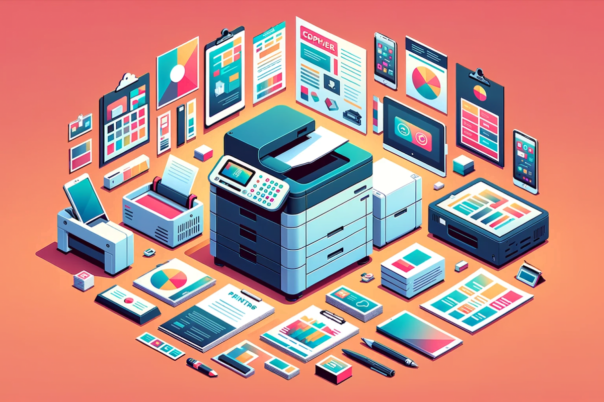DALL·E 2023-11-29 06.18.09 - A flat design illustration suitable for the Digital Printing and Copying Service sector with a uniform background. The image should depict a modern di