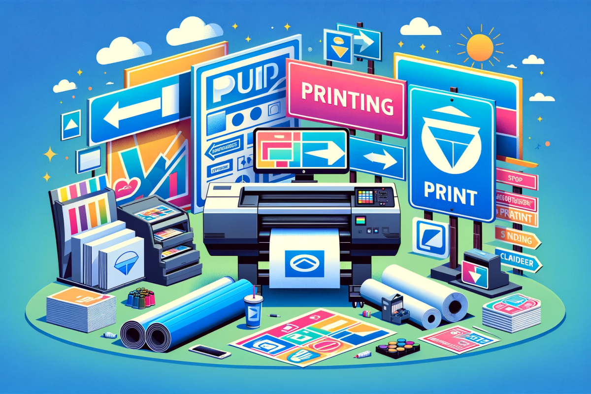 DALL·E 2023-11-29 11.48.38 - A digital flat design image representing a printing service. The scene includes various printed products such as large outdoor advertising signs, PVC (1)