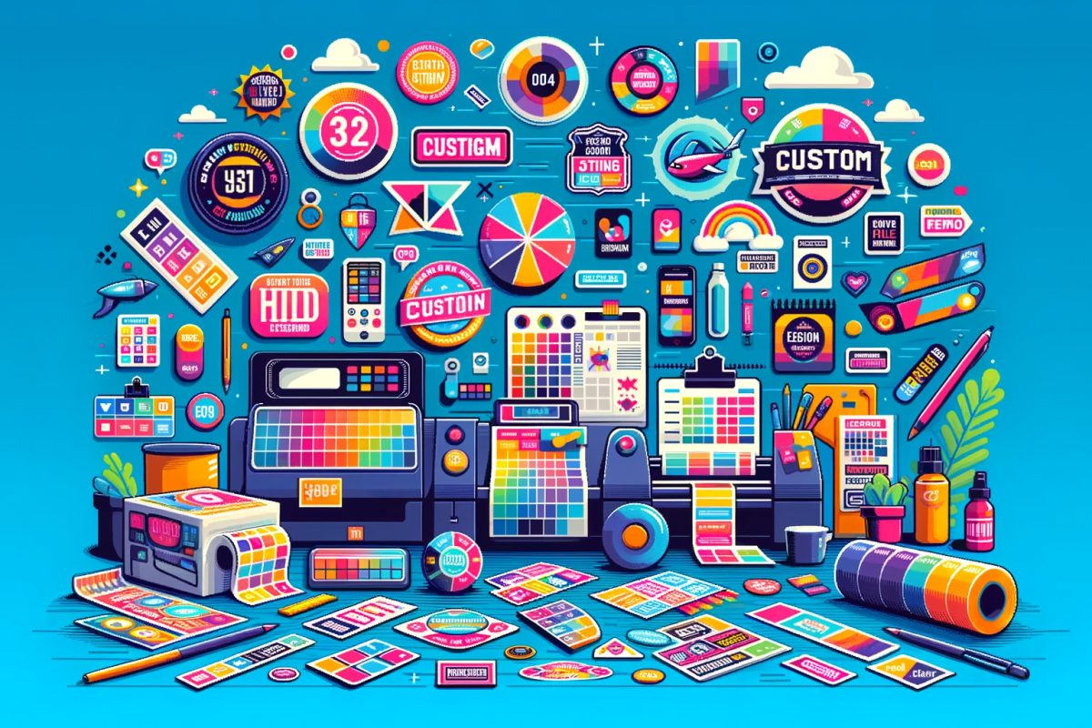 DALL·E 2023-11-29 11.51.21 - A vibrant flat design image showcasing a variety of custom stickers and labels. The scene includes different types of stickers and labels, like round,