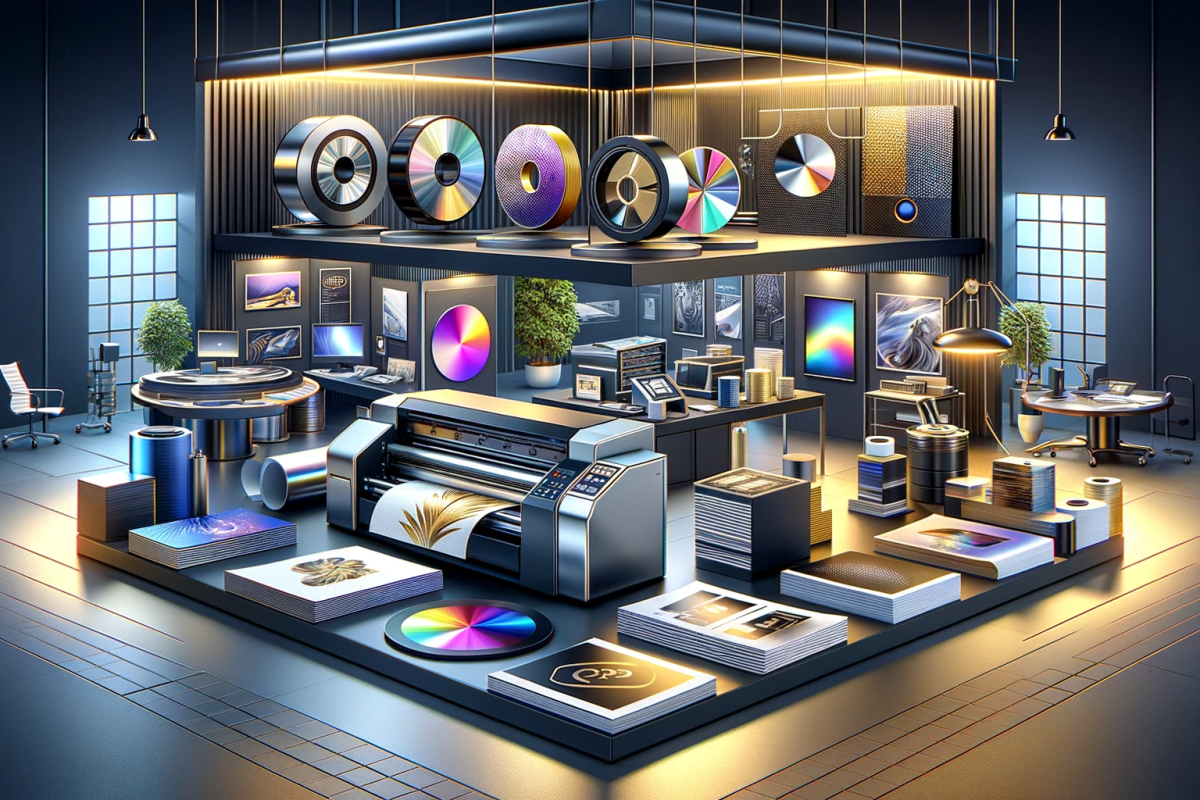 DALL·E 2023-11-29 11.56.21 - A sleek and modern flat design image illustrating advanced print finishing options. The scene showcases a variety of premium printing effects such as (1)